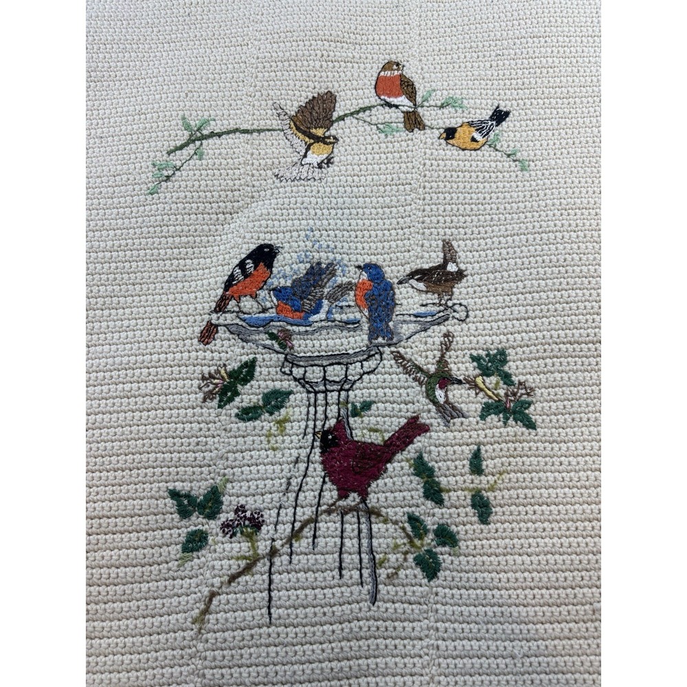 Handmade Colorful Birds Cream Crochet Knit Afghan Throw Blanket w/ Fringe 37x57